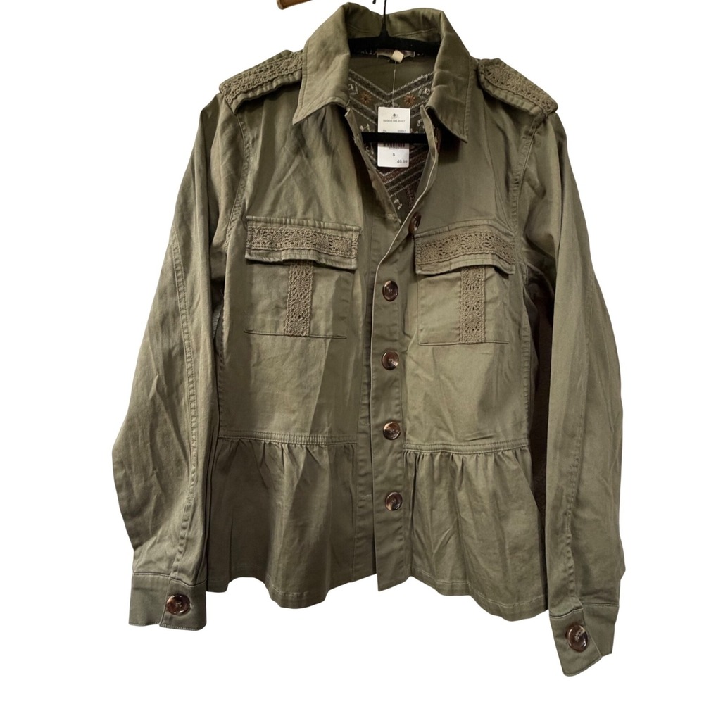 Kate & Sam Olive Green Embroidered‎ Utility Jacket Peplum Crochet Lace Small NWT
